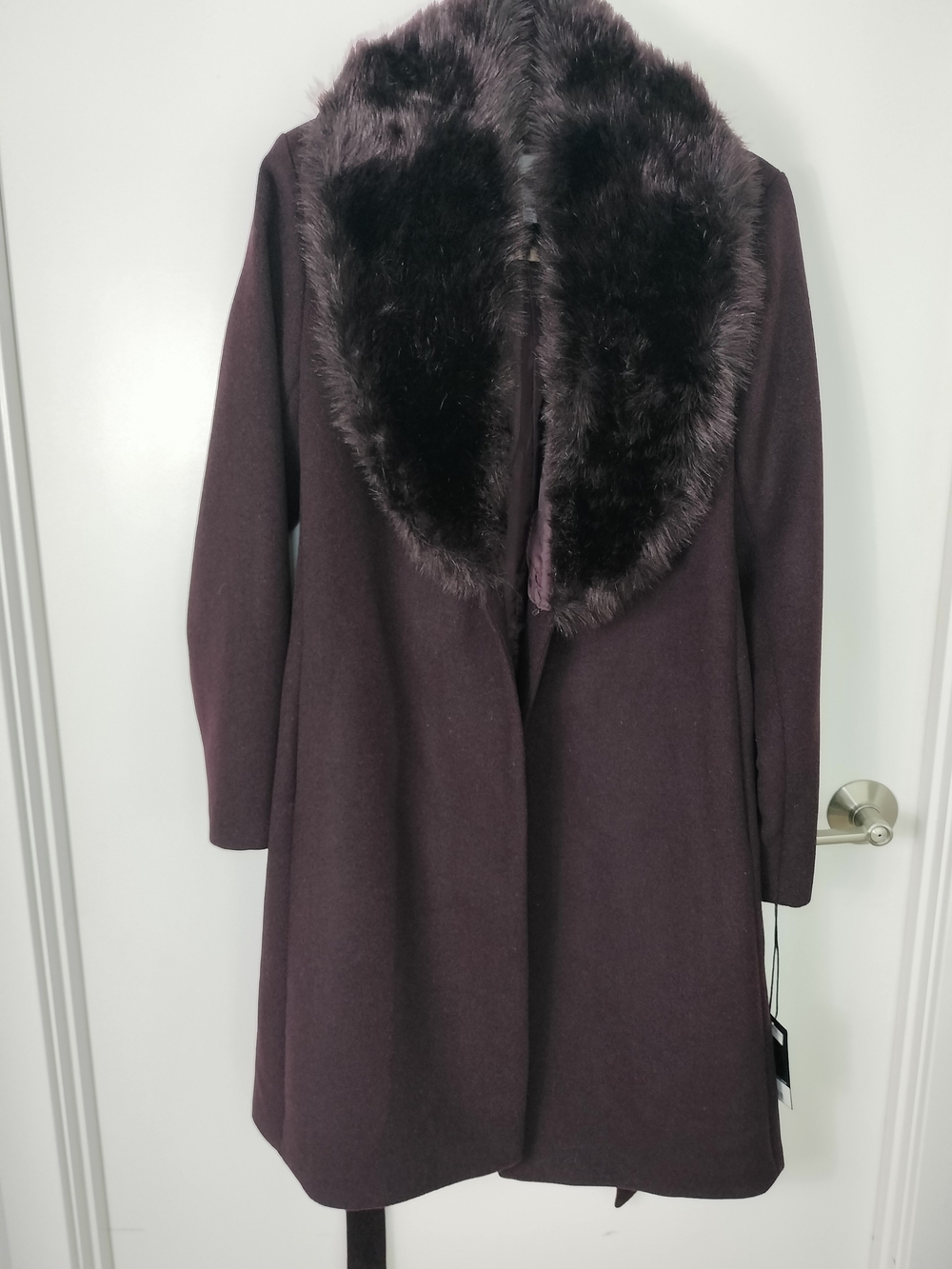Nine West Dark Plum Wool Trench Coat with Faux Fur Collar
